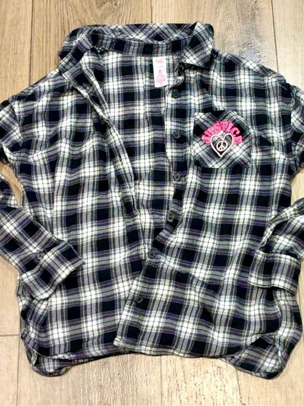 Justice Black & White Plaid Button-Up Shirt with Pink Logo